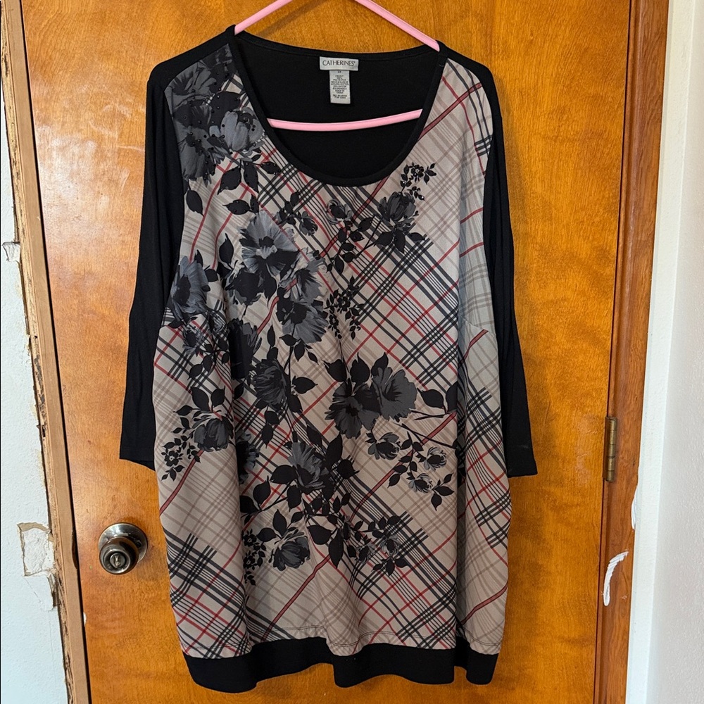 Covington Black and Brown Floral Plaid Blouse